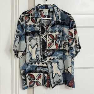 Vintage Silk Men  Button Up Multicolor Ethnic Print Silk Blend Resort Wear Sz XL